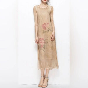 100% Silk Women's Beige Nude Sheer Crinkle Floral Print Midi Dress Size L NWT
